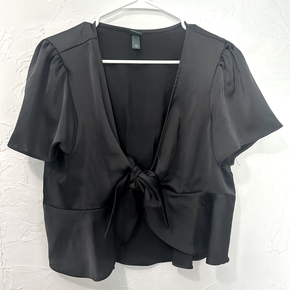 Wild Fable Black Satin Silk Wrap Tie Front Top